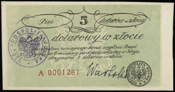 Bon na 5 dolarów w złocie Delegatury Rządu na Kraj dla Generalnej Guberni, bez daty (1940–1942)