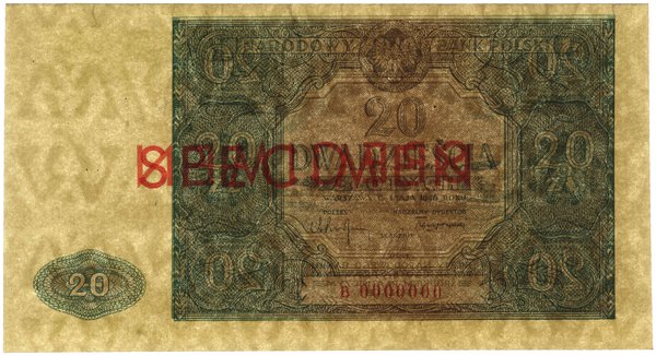 20 złotych, 15.05.1946; seria B, numeracja 00000