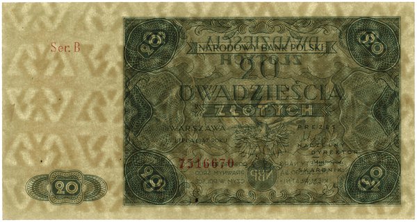 20 złotych, 15.07.1947; seria B, numeracja 75166