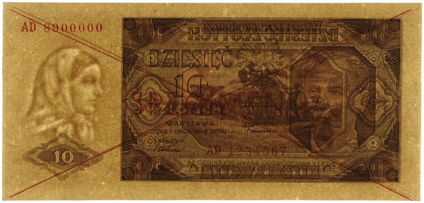 10 złotych, 1.07.1948; seria AD, numeracja 89000