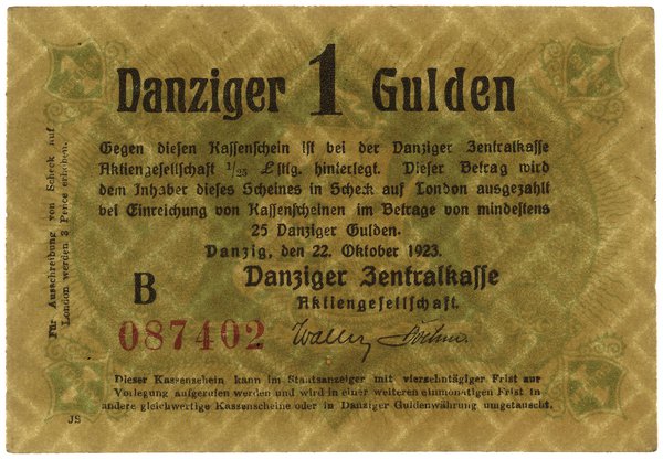 1 gulden, 22.10.1923; seria B, numeracja 087402,