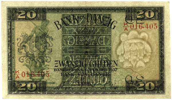 20 guldenów, 1.11.1937; seria K/A, numeracja 016