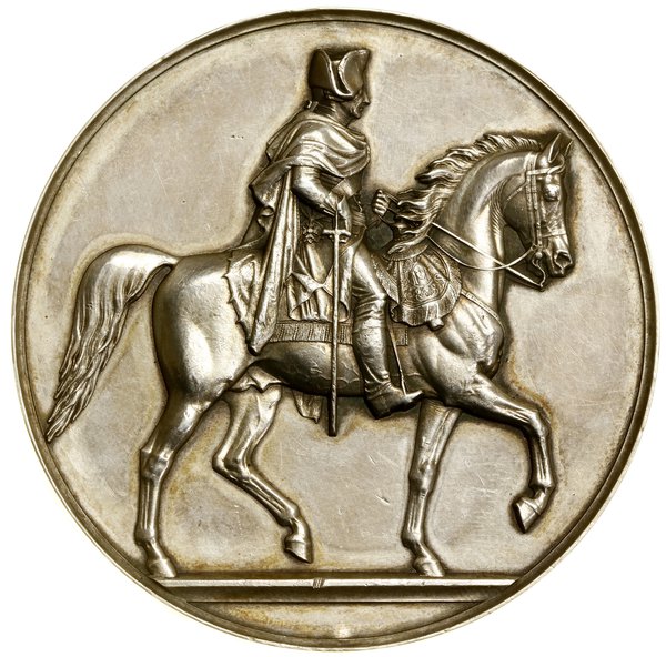 Medal na pamiątkę odsłonięcia pomnika konnego Fryderyka Wielkiego, 1851, projektował Friedrich Wilhelm  Kullrich, Aw: Fryderyk Wielki na koniu w prawo