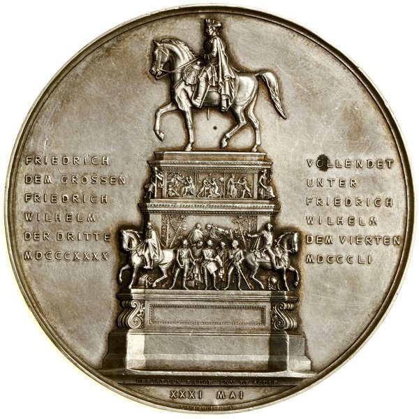 Medal na pamiątkę odsłonięcia pomnika konnego Fryderyka Wielkiego, 1851, projektował Friedrich Wilhelm  Kullrich, Aw: Fryderyk Wielki na koniu w prawo