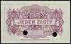 1 złoty, 15.08.1939; seria A, numeracja 0000000, czerwony nadruk SPECIMEN na stronie głównej,  dwu..