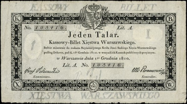 1 talar, 1.12.1810; podpis komisarza: Józef Jara