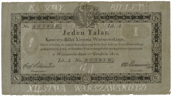 1 talar, 1.12.1810; podpis komisarza: Józef Jara