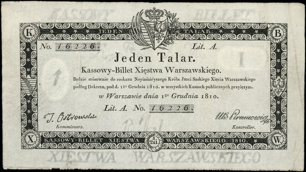 1 talar, 1.12.1810; podpis komisarza: Tomasz Ada