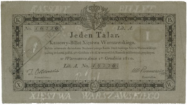 1 talar, 1.12.1810; podpis komisarza: Tomasz Ada