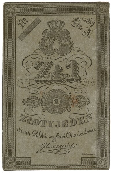 Próbny druk – 1 złoty polski, 1831; seria A; pod