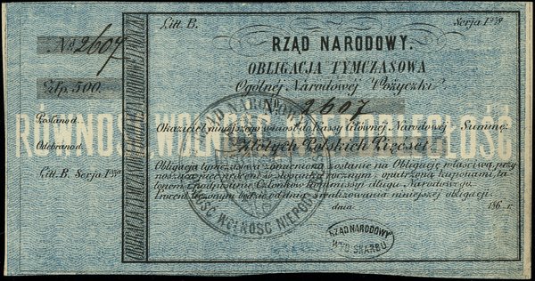 Obligacja tymczasowa Ogólnej Narodowej Pożyczki na 500 złotych, 1863