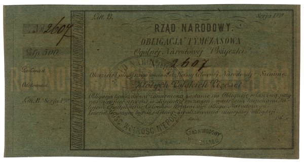 Obligacja tymczasowa Ogólnej Narodowej Pożyczki na 500 złotych, 1863