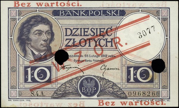 10 złotych, 28.02.1919; obustronnie ukośny czerw