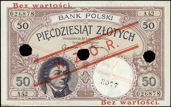 50 złotych, 28.02.1919; obustronnie ukośny czerw