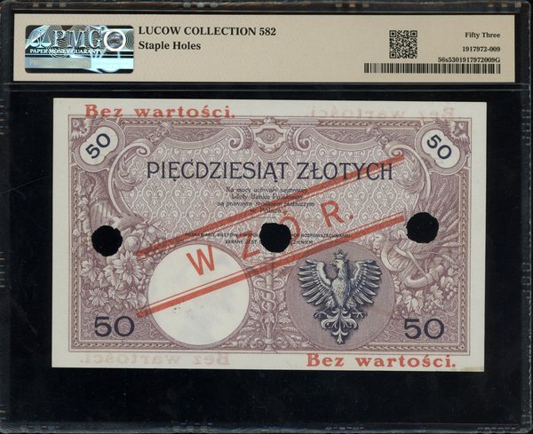 50 złotych, 28.02.1919; obustronnie ukośny czerw