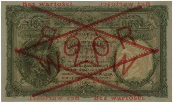 5.000 złotych, 28.02.1919; obustronnie ukośny cz