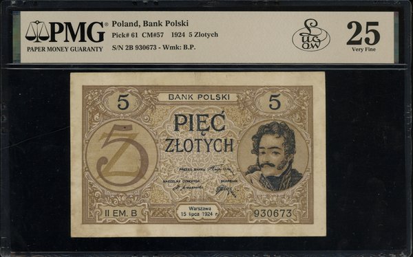 5 złotych, 15.07.1924; II emisja, seria B, numer