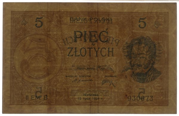 5 złotych, 15.07.1924; II emisja, seria B, numer