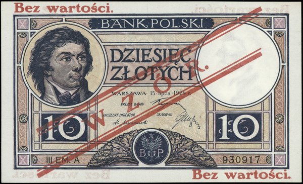 10 złotych, 15.07.1924; obustronnie ukośny czerw