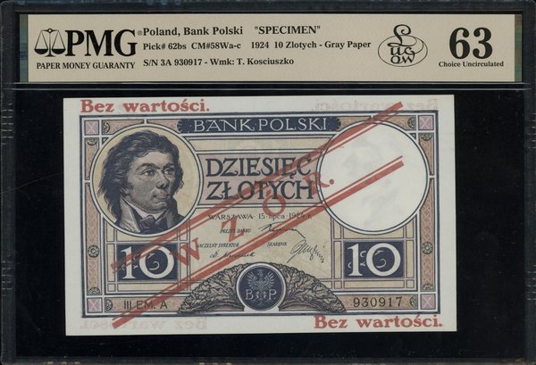 10 złotych, 15.07.1924; obustronnie ukośny czerw