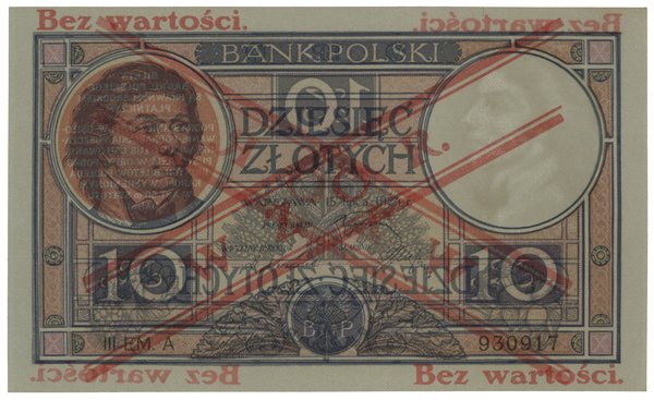 10 złotych, 15.07.1924; obustronnie ukośny czerw