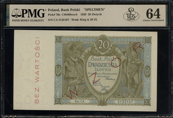 20 złotych, 1.09.1929; obustronnie czerwony ukoś