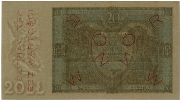 20 złotych, 1.09.1929; obustronnie czerwony ukoś