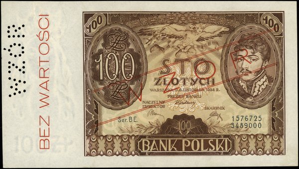 100 złotych, 9.11.1934; obustronnie czerwony uko