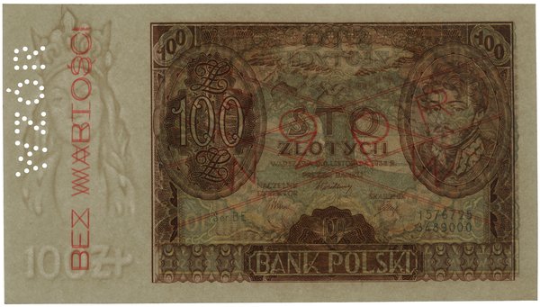 100 złotych, 9.11.1934; obustronnie czerwony uko