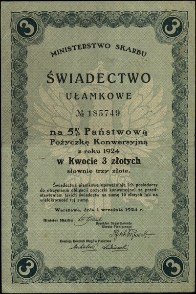 Świadectwo ułamkowe na 5% Państwową Pożyczkę Konwersyjną z roku 1924 w kwocie 3 złotych, 1.09.1924