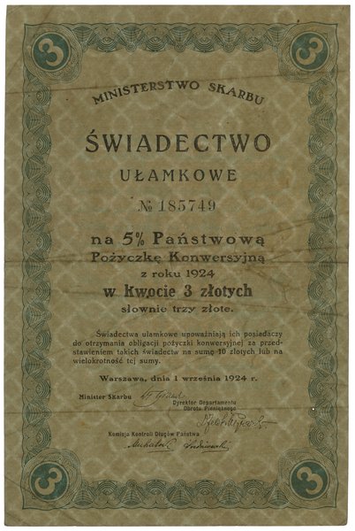 Świadectwo ułamkowe na 5% Państwową Pożyczkę Konwersyjną z roku 1924 w kwocie 3 złotych, 1.09.1924