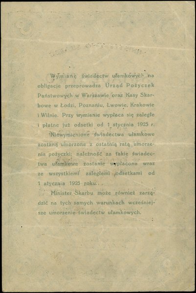 Świadectwo ułamkowe na 5% Państwową Pożyczkę Konwersyjną z roku 1924 w kwocie 3 złotych, 1.09.1924