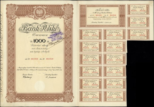 10 akcji na okaziciela (po 100 złotych) na 1.000 złotych Banku Polskiego S.A, 1.04.1934, numeracje 061931–061940, z talonem i 15 kuponami na lata 1939–1953, ze stemplem rejestracji na stronie głównej