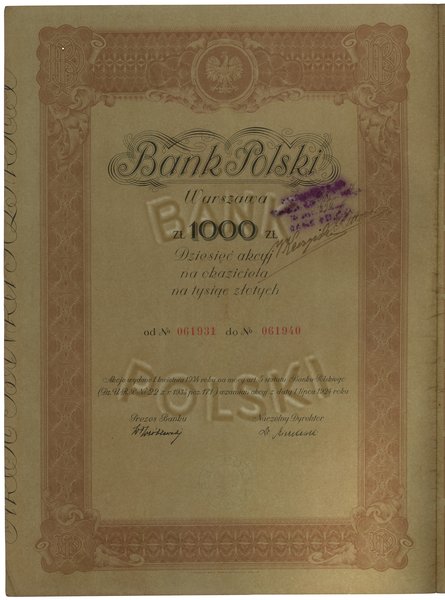 10 akcji na okaziciela (po 100 złotych) na 1.000