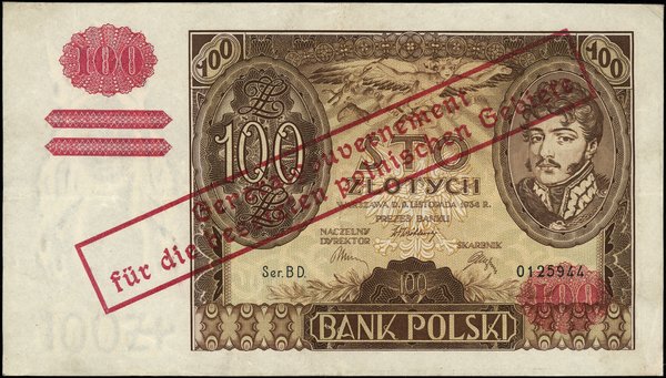 100 złotych, [1939], z fałszywym nadrukiem na ba