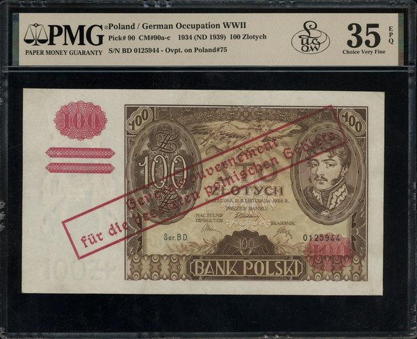 100 złotych, [1939], z fałszywym nadrukiem na banknocie 100 złotych 9.11.1934, seria BD., numeracja 0125944