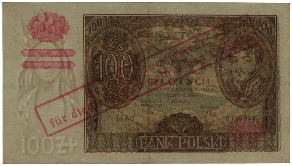 100 złotych, [1939], z fałszywym nadrukiem na ba