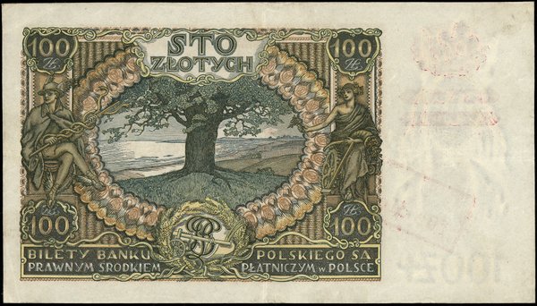 100 złotych, [1939], z fałszywym nadrukiem na banknocie 100 złotych 9.11.1934, seria BD., numeracja 0125944