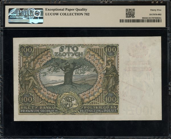 100 złotych, [1939], z fałszywym nadrukiem na banknocie 100 złotych 9.11.1934, seria BD., numeracja 0125944