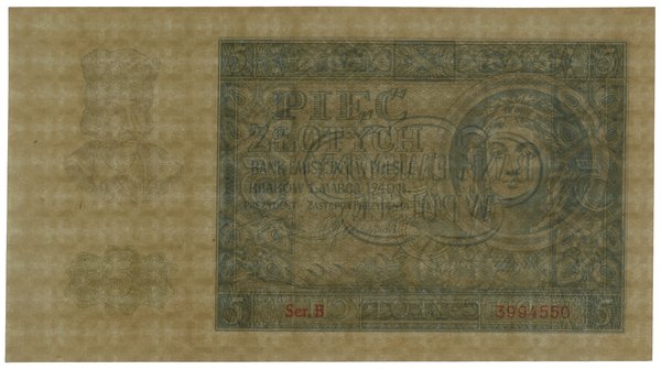 5 złotych, 1.03.1940; seria B, numeracja 3994550