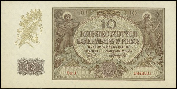 10 złotych, 1.03.1940; seria J, numeracja 584888