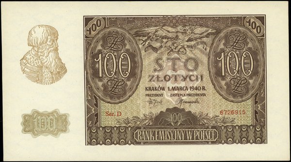 100 złotych, 1.03.1940; seria D, numeracja 67269