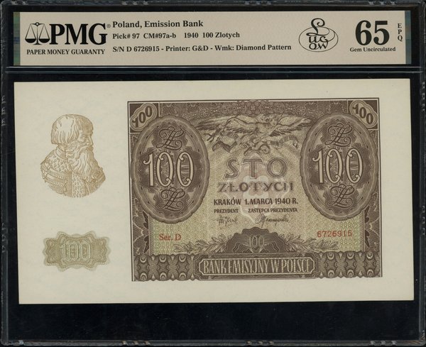 100 złotych, 1.03.1940; seria D, numeracja 67269