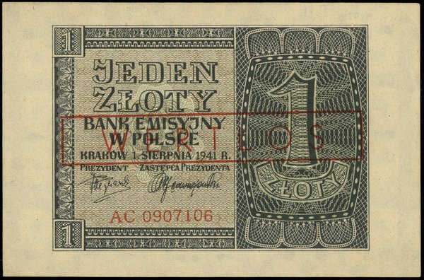 1 złoty, 1.08.1941; seria AC, numeracja 0907106;