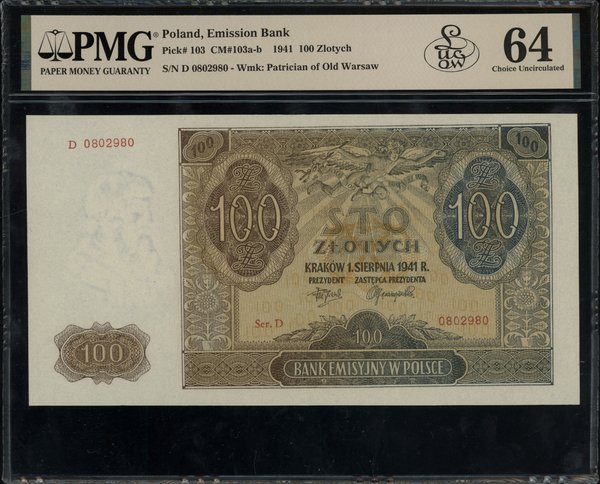 100 złotych, 1.08.1941; seria D, numeracja 08029