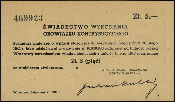 Świadectwo wykonania obowiązku kontrybucyjnego na kwotę 5 złotych, 10.02.1943