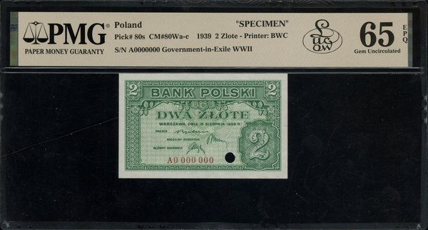 2 złote, 15.08.1939; seria A, numeracja 0000000;