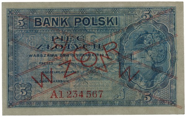 5 złotych, 15.08.1939; seria A, numeracja 123456