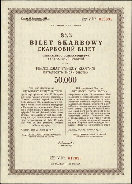 3.25 % bilet skarbowy na 50.000 złotych, emisja 15.05.1943