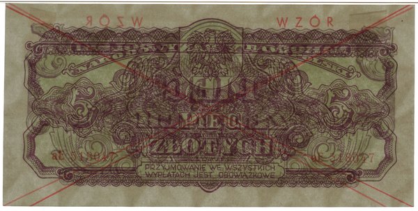 5 złotych, 1944; w klauzuli OBOWIĄZKOWE, czerwon